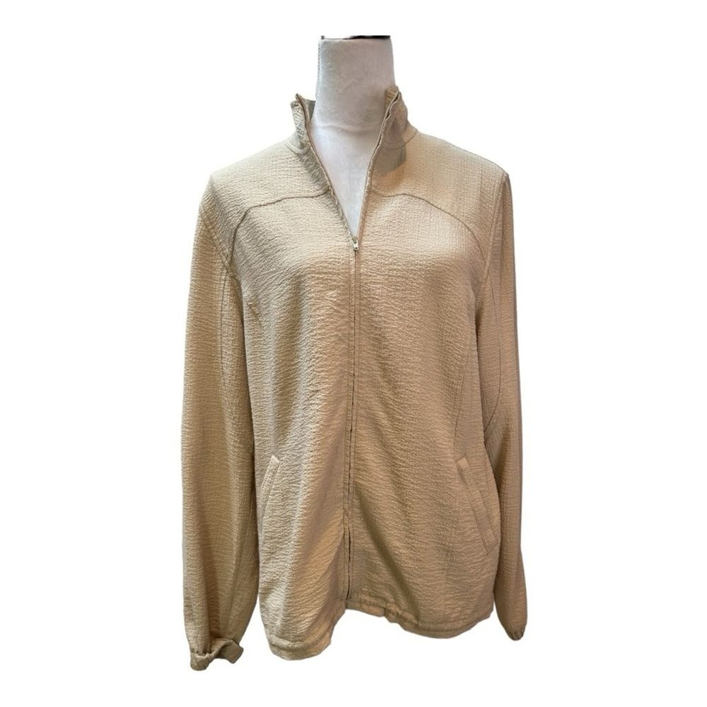 Textured Zip Up‎ Jacket Tan Neutral Full Zip Mock Neck Casual